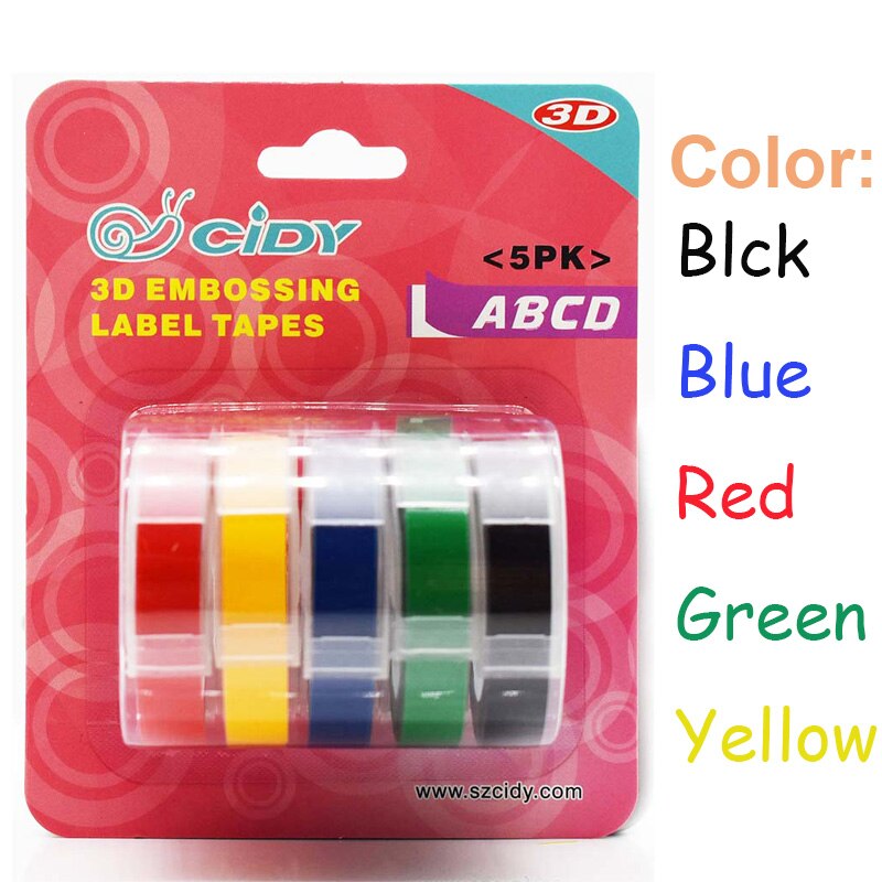 5 Color/Roll 3D 9mm Embossing PVC Label Tapes Compatible Dymo 1610 1880 12965 Motex E101 Manual Label Makers Printers